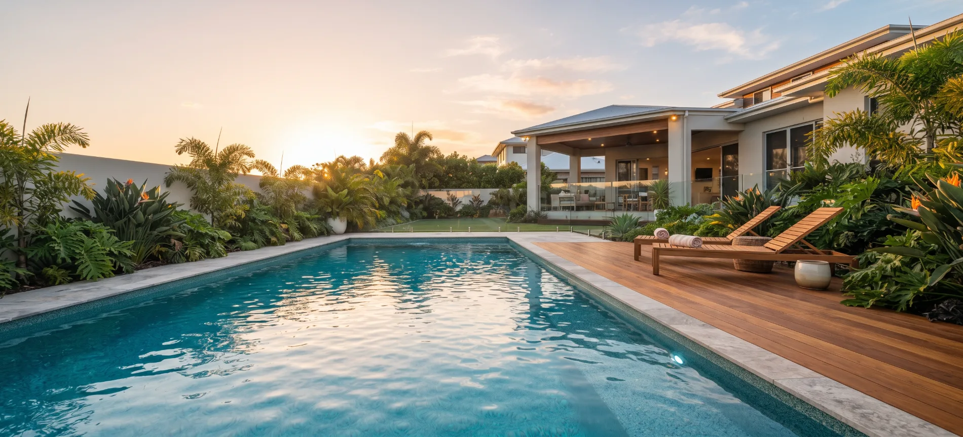 Fully renovated swimming pool with new coping, waterline tiling and timber deck at sunset