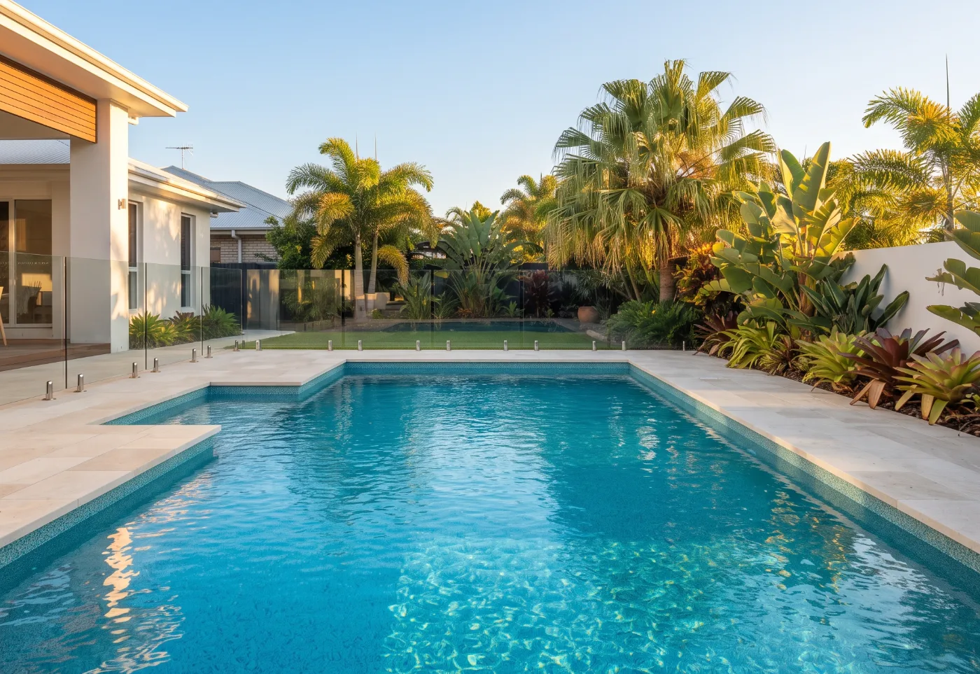 Renovated backyard pool with travertine coping and a tropical poolside garden