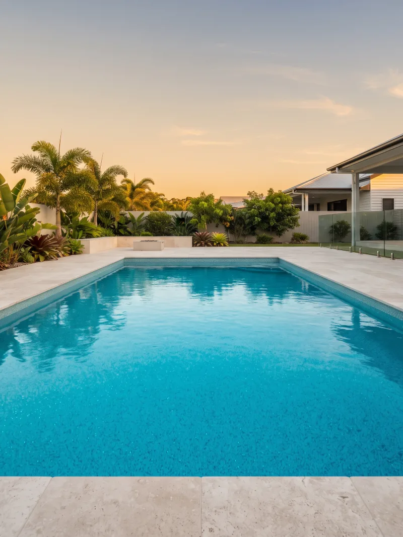 Resurfaced pool at dusk with a glass bead interior and warm garden lighting