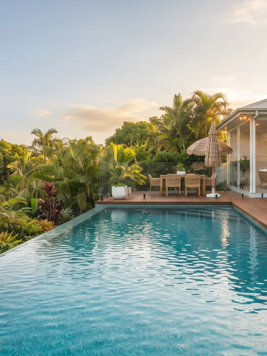 Renovated pool overlooking tropical foliage at sunset, resurfaced by Relax Pool Interiors